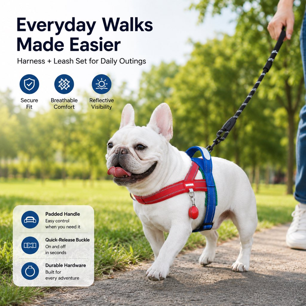 Malloren No-Choke French Bulldog Harness & Leash Set for Daily Walks - Reflective, Easy-Control Fit for Broad-Chest Dogs