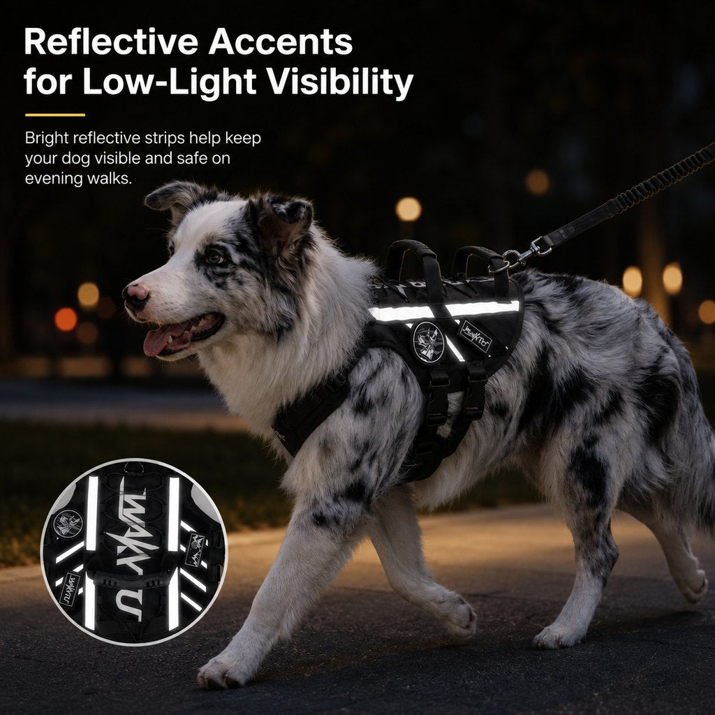 Malloren Outdoor Dog Harness & Bungee Leash Set with Dual Handles, Storage Pouch & Patch Accessories for Hiking, Walking and Everyday Adventures
