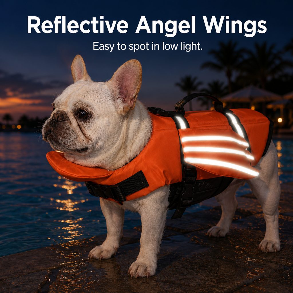 Malloren French Bulldog Pool & Beach Reflective Angel-Wing Dog Life Jacket - Chin Float Support for Flat-Faced Dogs