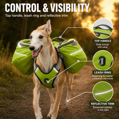 Malloren Dog Saddlebag Backpack Harness for Hiking & Camping - Hands-Free Storage for Water, Treats & Trail Essentials