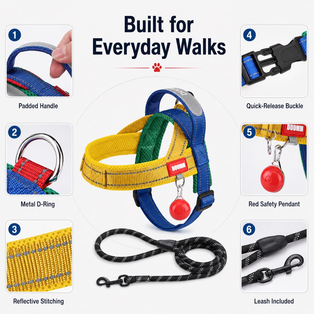 Malloren No-Choke French Bulldog Harness & Leash Set for Daily Walks - Reflective, Easy-Control Fit for Broad-Chest Dogs