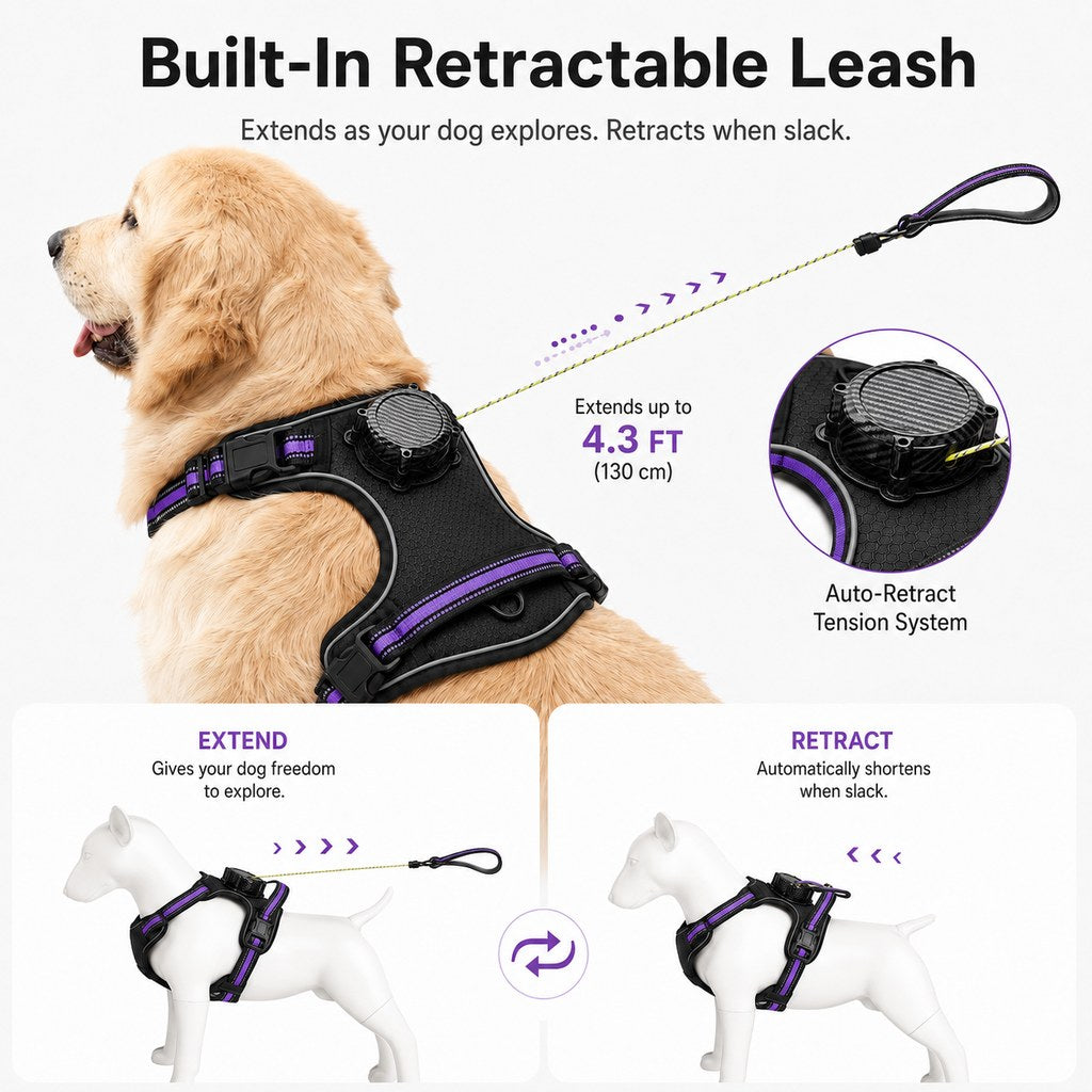 Malloren 2-in-1 Reflective Dog Harness with Built-In Retractable Leash for Daily Walks - Close Control for Pulling Dogs