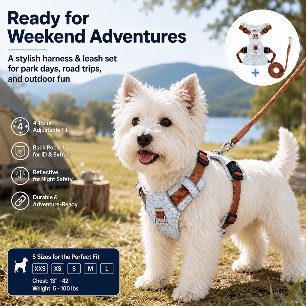 Malloren Vintage Denim No-Pull Dog Harness &5 ft Rope Leash Set - Soft Adjustable Vest for Everyday Walks, Better Control & Low-Light Visibility
