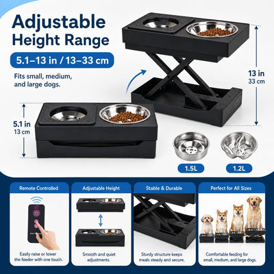 Malloren Remote-Control Adjustable Dog Feeding Station for Home Meals - Helps Reduce Neck Bending, Slow Fast Eating & Keep Floors Cleaner