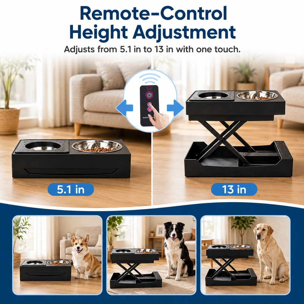 Malloren Remote-Control Adjustable Dog Feeding Station for Home Meals - Helps Reduce Neck Bending, Slow Fast Eating & Keep Floors Cleaner