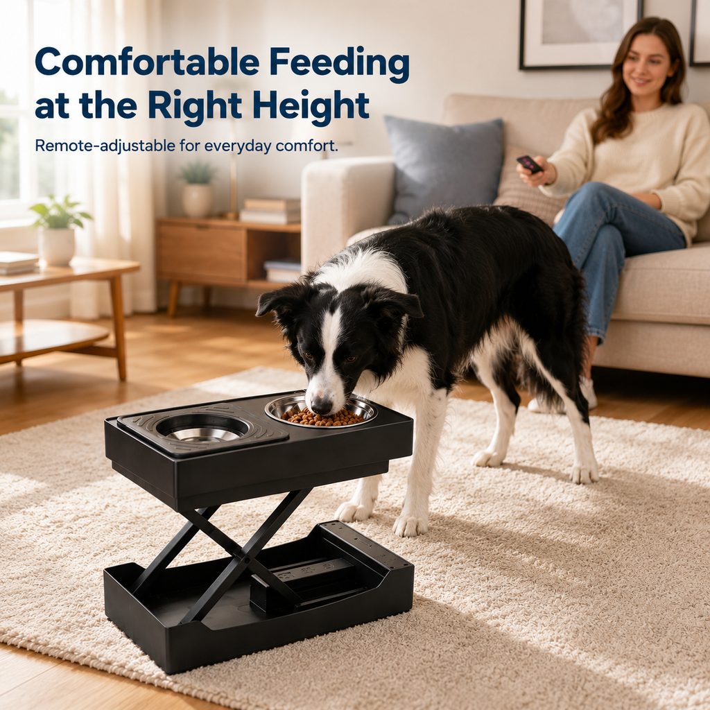 Malloren Remote-Control Adjustable Dog Feeding Station for Home Meals - Helps Reduce Neck Bending, Slow Fast Eating & Keep Floors Cleaner