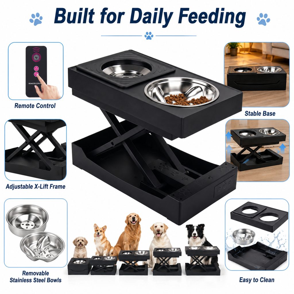 Malloren Remote-Control Adjustable Dog Feeding Station for Home Meals - Helps Reduce Neck Bending, Slow Fast Eating & Keep Floors Cleaner