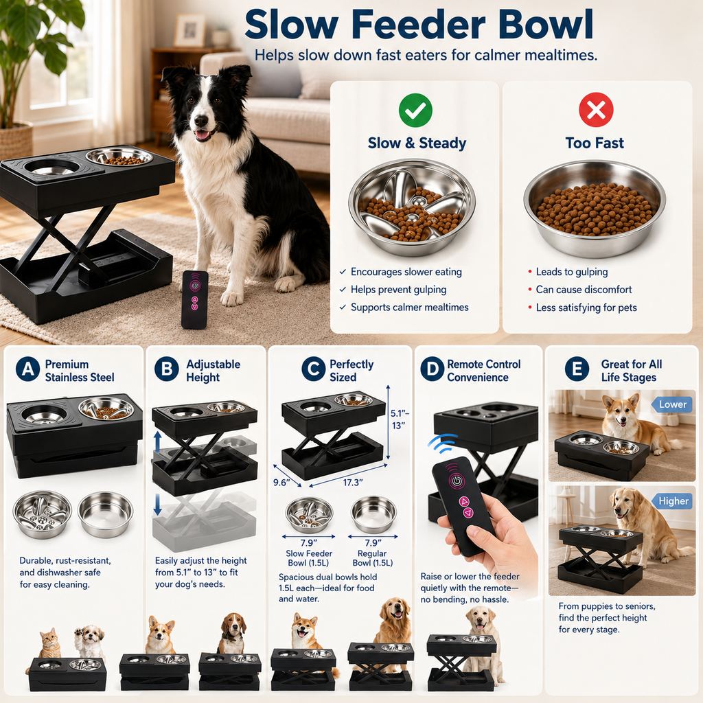 Malloren Remote-Control Adjustable Dog Feeding Station for Home Meals - Helps Reduce Neck Bending, Slow Fast Eating & Keep Floors Cleaner
