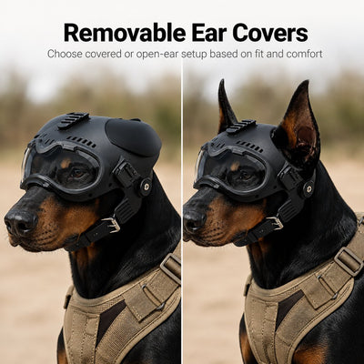 Malloren K9 Tactical-Style Dog Helmet with Goggles for Hiking & Outdoor Training - Helps Shield Eyes from Wind, Dust & Trail Debris