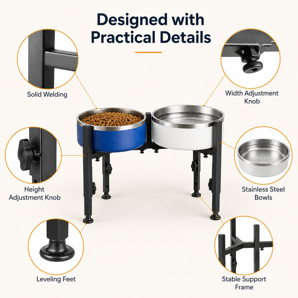 Malloren Adjustable Raised Dog Bowl Stand for Home Feeding - No-Bend Metal Pet Bowl Holder for Cleaner, More Comfortable Meals