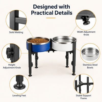 Malloren Adjustable Raised Dog Bowl Stand for Home Feeding - No-Bend Metal Pet Bowl Holder for Cleaner, More Comfortable Meals