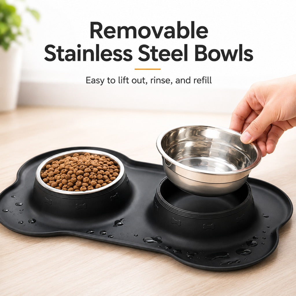 Malloren Spill-Proof Dual Pet Bowl for Cats & Dogs - Mess-Free Food & Water Station for Cleaner Floors