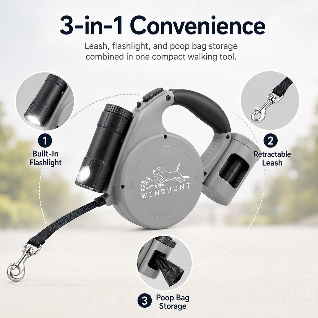 Malloren 3-in-1 Retractable Dog Leash for Night Walks - Built-In Flashlight & Poop Bag Holder for Easier, Cleaner Walks