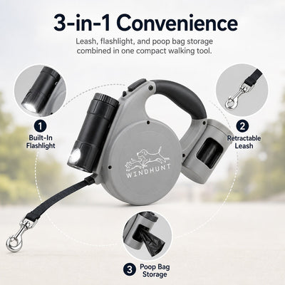 Malloren 3-in-1 Retractable Dog Leash for Night Walks - Built-In Flashlight & Poop Bag Holder for Easier, Cleaner Walks