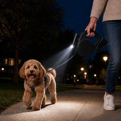Malloren 3-in-1 Retractable Dog Leash for Night Walks - Built-In Flashlight & Poop Bag Holder for Easier, Cleaner Walks