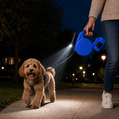 Malloren 3-in-1 Retractable Dog Leash for Night Walks - Built-In Flashlight & Poop Bag Holder for Easier, Cleaner Walks