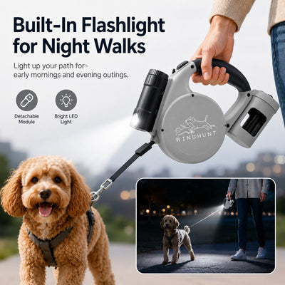 Malloren 3-in-1 Retractable Dog Leash for Night Walks - Built-In Flashlight & Poop Bag Holder for Easier, Cleaner Walks