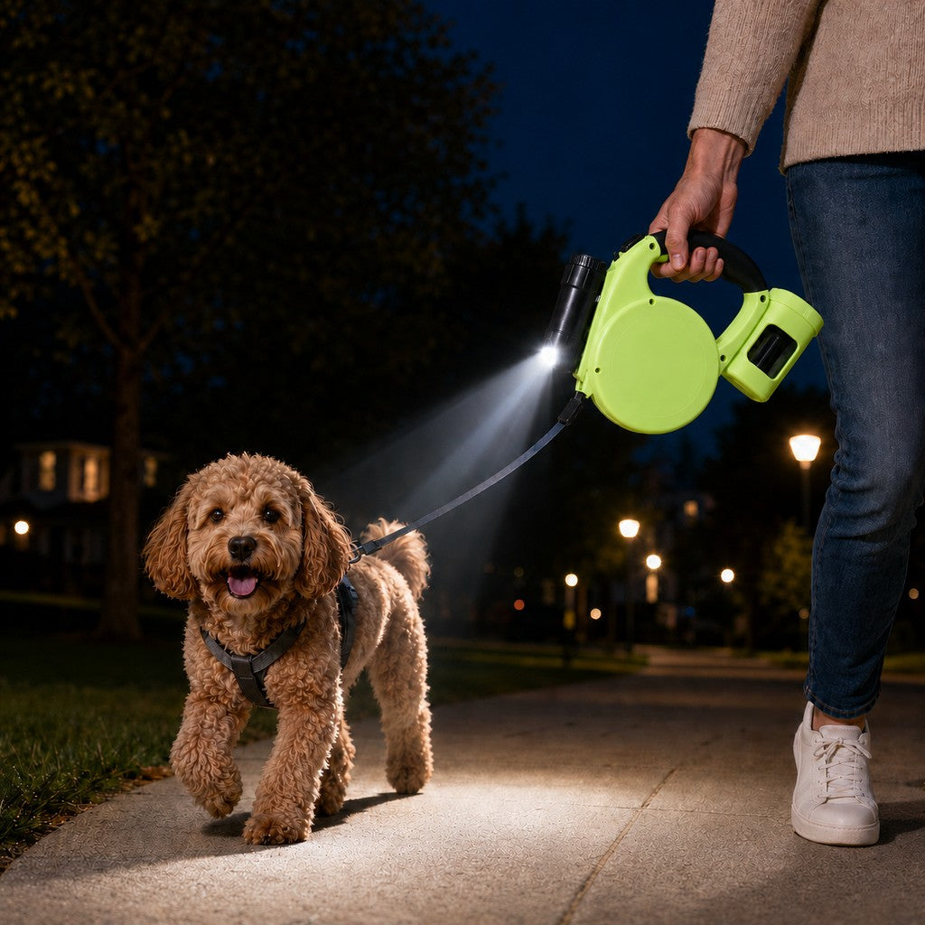 Malloren 3-in-1 Retractable Dog Leash for Night Walks - Built-In Flashlight & Poop Bag Holder for Easier, Cleaner Walks
