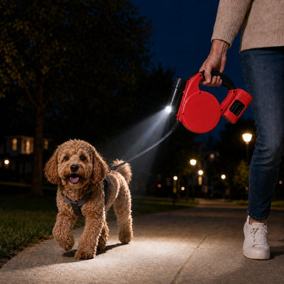 Malloren 3-in-1 Retractable Dog Leash for Night Walks - Built-In Flashlight & Poop Bag Holder for Easier, Cleaner Walks