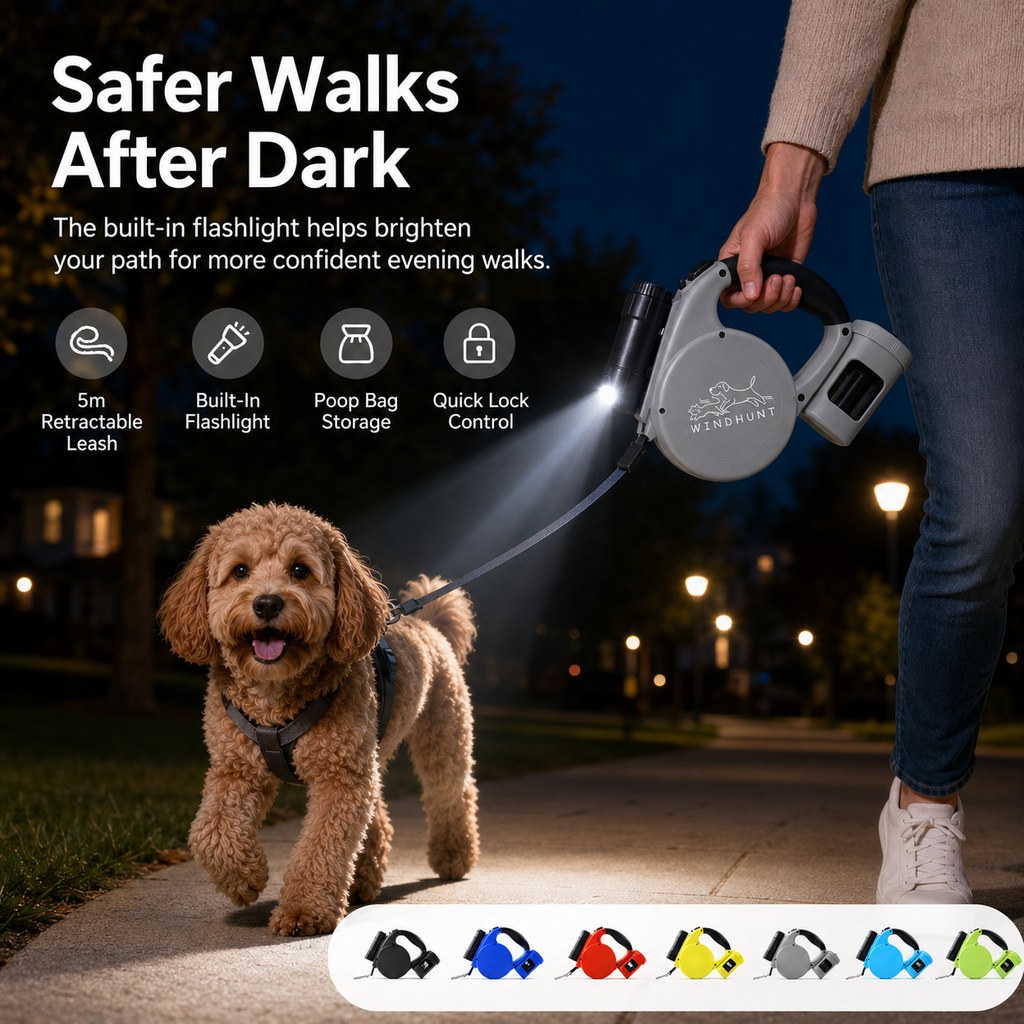 Malloren 3-in-1 Retractable Dog Leash for Night Walks - Built-In Flashlight & Poop Bag Holder for Easier, Cleaner Walks
