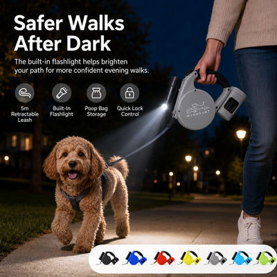 Malloren 3-in-1 Retractable Dog Leash for Night Walks - Built-In Flashlight & Poop Bag Holder for Easier, Cleaner Walks
