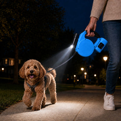 Malloren 3-in-1 Retractable Dog Leash for Night Walks - Built-In Flashlight & Poop Bag Holder for Easier, Cleaner Walks