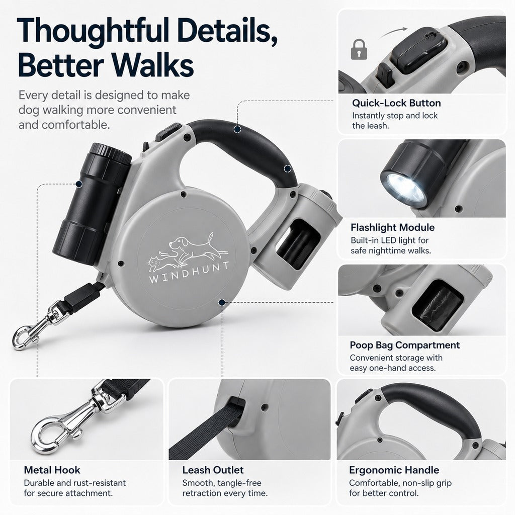 Malloren 3-in-1 Retractable Dog Leash for Night Walks - Built-In Flashlight & Poop Bag Holder for Easier, Cleaner Walks