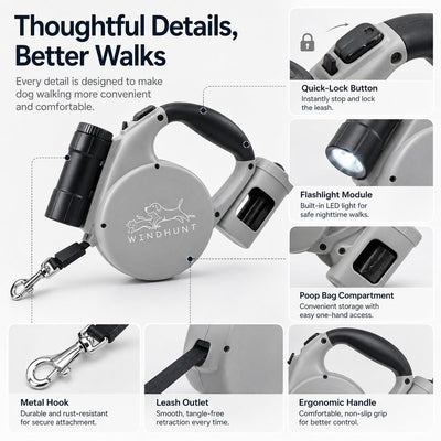 Malloren 3-in-1 Retractable Dog Leash for Night Walks - Built-In Flashlight & Poop Bag Holder for Easier, Cleaner Walks