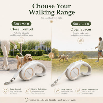 Malloren Retractable Dog Leash for Daily Walks & Park Outings - Tangle-Free 3m/5m Pet Lead with One-Button Brake, Comfort C-Grip & No-Mess Auto-Retract
