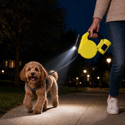 Malloren 3-in-1 Retractable Dog Leash for Night Walks - Built-In Flashlight & Poop Bag Holder for Easier, Cleaner Walks