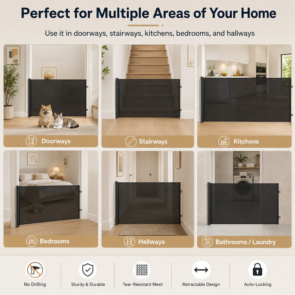 Malloren No-Drill Retractable Pet Gate for Doorways, Kitchens & Stairs - Keep Cats and Dogs Safely Out of Off-Limit Areas