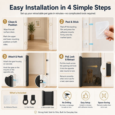 Malloren No-Drill Retractable Pet Gate for Doorways, Kitchens & Stairs - Keep Cats and Dogs Safely Out of Off-Limit Areas
