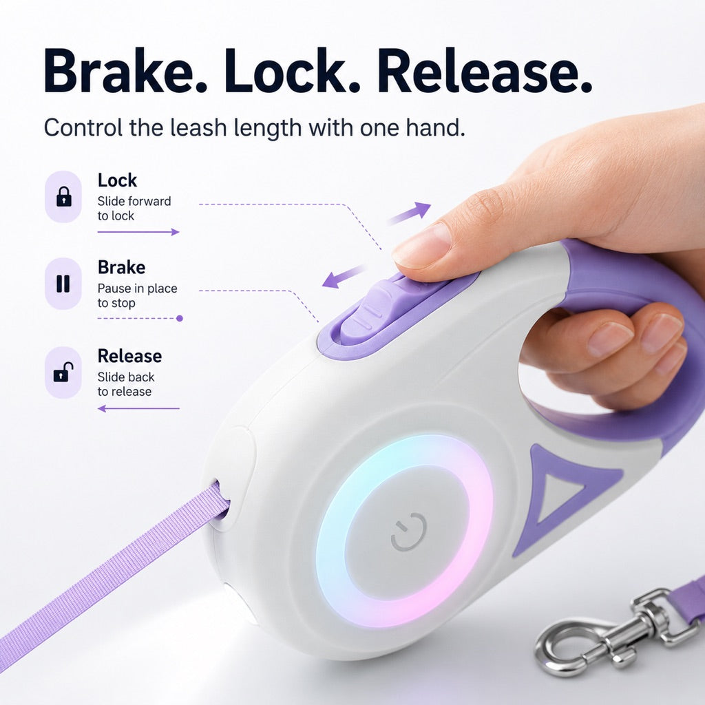 Malloren LED Retractable Dog Leash for Night Walks - Light-Up Dog Leash with Built-In Spotlight, RGB Side Glow & One-Touch Brake for Safer Evening Walks