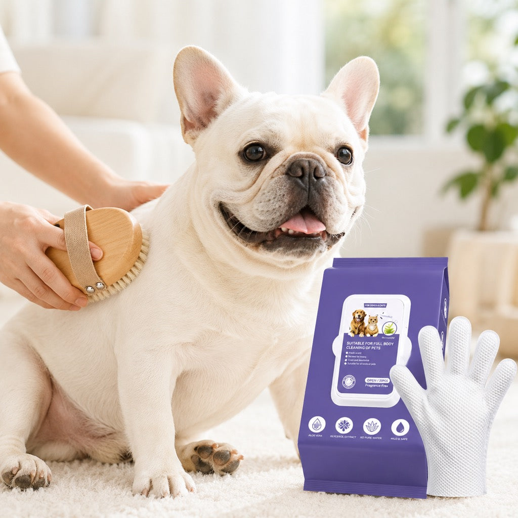 Malloren Frenchie Daily Grooming Kit for After-Walk & Between-Bath Care - Boar Bristle Brush + Rinse-Free Cleaning Gloves
