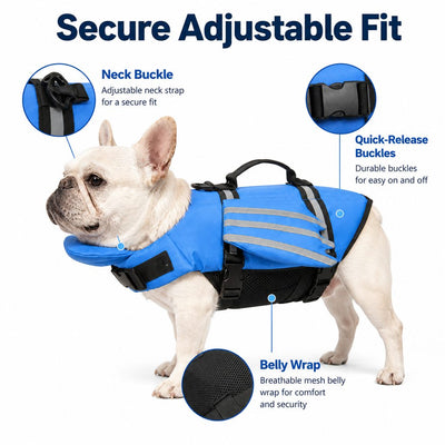 Malloren French Bulldog Pool & Beach Reflective Angel-Wing Dog Life Jacket - Chin Float Support for Flat-Faced Dogs