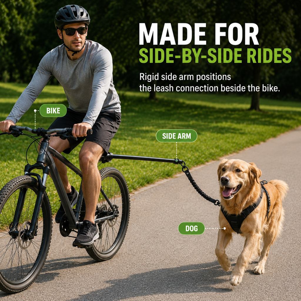 Malloren Hands-Free Dog Bike Leash with Shock-Absorbing Bungee – Bike-Mounted Side Arm for Controlled Side-by-Side Runs