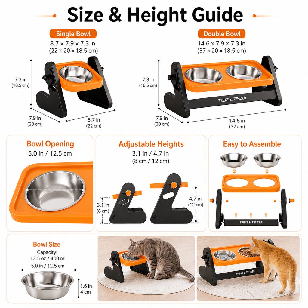 Malloren Adjustable Elevated Stainless Steel Pet Bowls for Cats & Small Dogs - Tilted Feeding Station for Easier Mealtime & Less Floor Mess