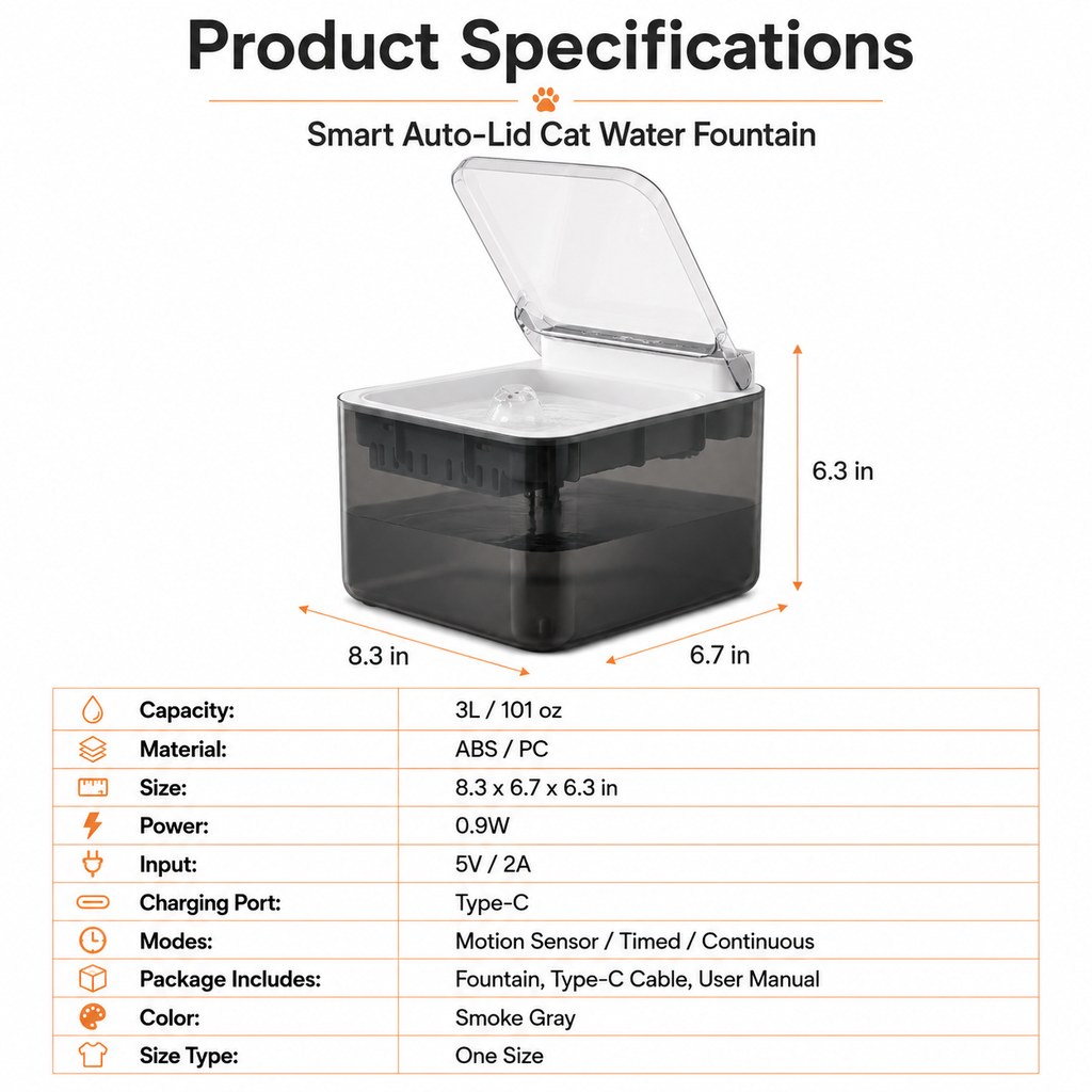 Malloren Smart Auto-Lid Cat Water Fountain for Busy Cat Parents - 3L Cordless Pet Water Dispenser with Dust Cover, Motion Sensor & Type-C Charging
