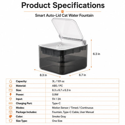 Malloren Smart Auto-Lid Cat Water Fountain for Busy Cat Parents - 3L Cordless Pet Water Dispenser with Dust Cover, Motion Sensor & Type-C Charging
