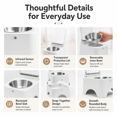 Malloren Smart Auto-Opening Covered Cat Bowl for Cleaner Indoor Feeding - Rechargeable Dustproof Cat Feeder