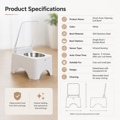 Malloren Smart Auto-Opening Covered Cat Bowl for Cleaner Indoor Feeding - Rechargeable Dustproof Cat Feeder