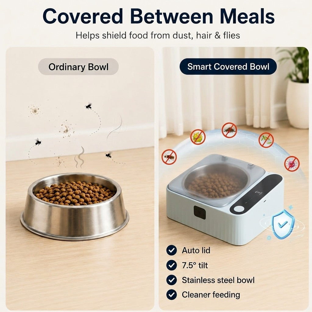 Malloren Smart Motion Sensor Covered Cat Bowl for Cleaner Indoor Feeding - Auto Open Lid Helps Keep Food Covered from Dust, Hair & Flies