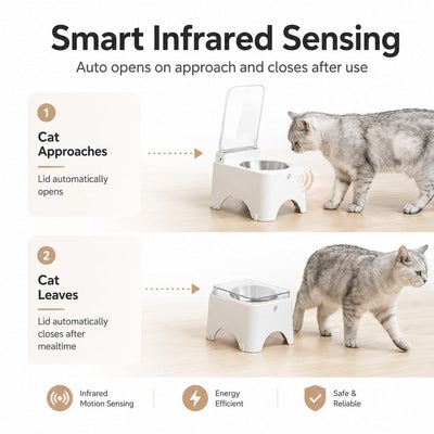 Malloren Smart Auto-Opening Covered Cat Bowl for Cleaner Indoor Feeding - Rechargeable Dustproof Cat Feeder