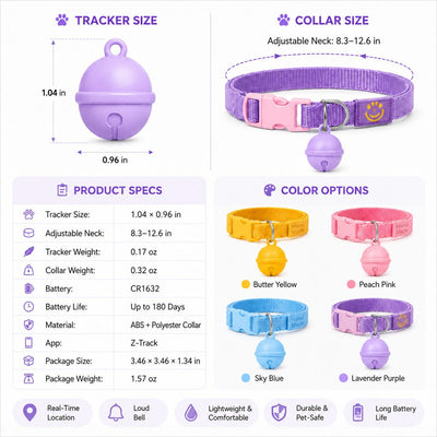 Malloren Smart Pet Tracker Bell Collar for Cats & Small Dogs - Find Hiding Pets Faster at Home, in the Yard & on Daily Walks