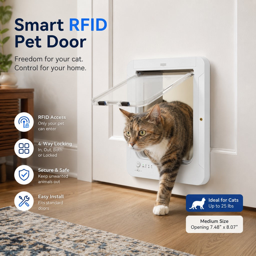 Malloren Smart RFID Cat Door for Litter Rooms & Pet-Only Spaces - Selective Access Pet Door to Help Keep Unwanted Animals Out