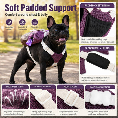 Malloren Frenchie Adventure Backpack Harness for Daily Walks - Carry Poop Bags, Treats & Keys Without Neck Pulling