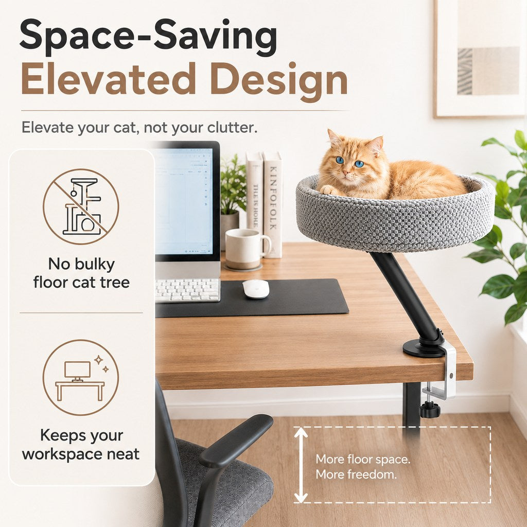 Malloren Desk Mounted Cat Bed Perch for Home Office - Space Saving Elevated Cat Lounger with Soft Breathable Fabric for Cats to Relax Beside Your Workspace