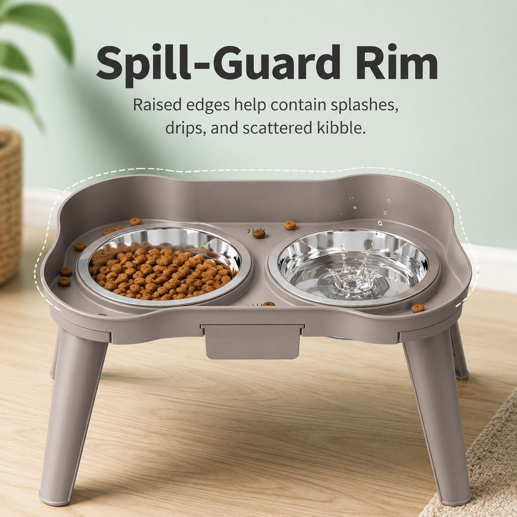 Malloren Elevated Pet Feeder with Spill Guard for Cats & Dogs - Raised Dual Stainless Steel Bowls for Cleaner Floors