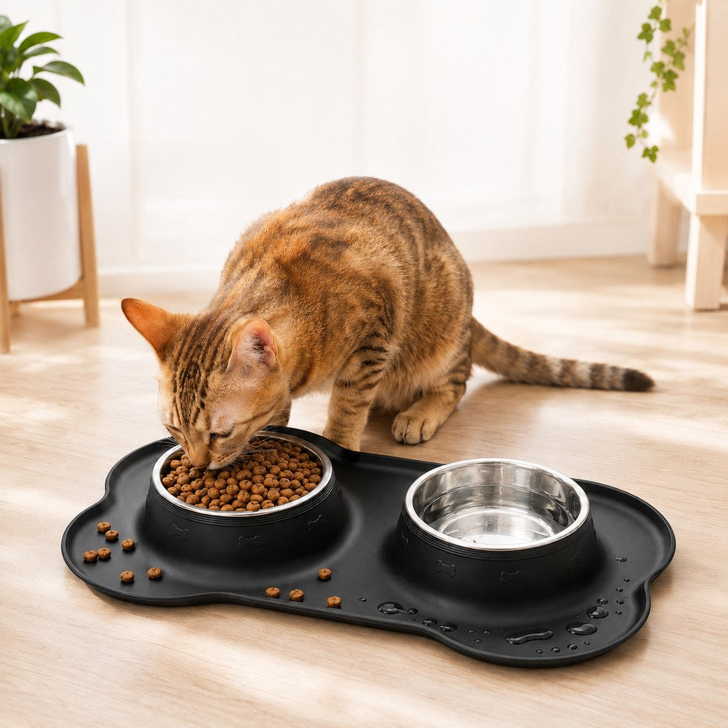 Malloren Spill-Proof Dual Pet Bowl for Cats & Dogs - Mess-Free Food & Water Station for Cleaner Floors