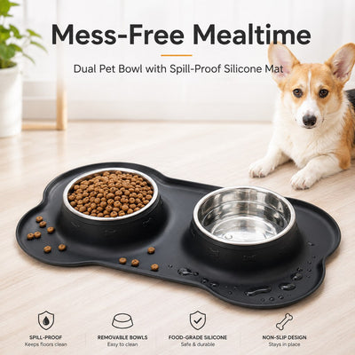 Malloren Spill-Proof Dual Pet Bowl for Cats & Dogs - Mess-Free Food & Water Station for Cleaner Floors